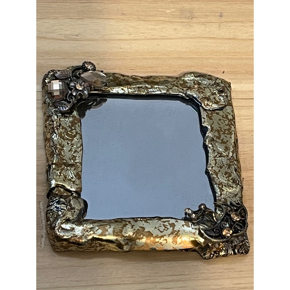 Signed Ettie Artisan Mirror Gold Leaf‎ Smoky Topaz Crystals Vanity Compact